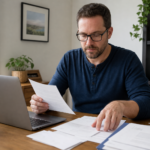 Canadian applicant organizing Disability Tax Credit paperwork beside a laptop