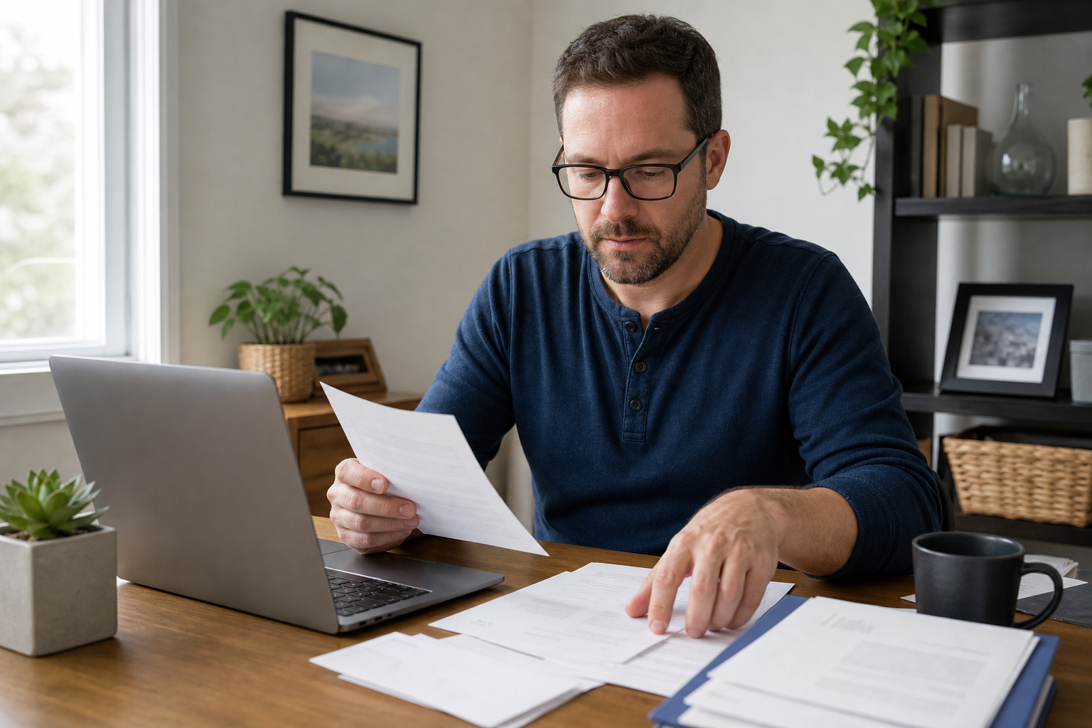 Canadian applicant organizing Disability Tax Credit paperwork beside a laptop