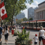Canadian city street and public transit during the Labour Day long weekend