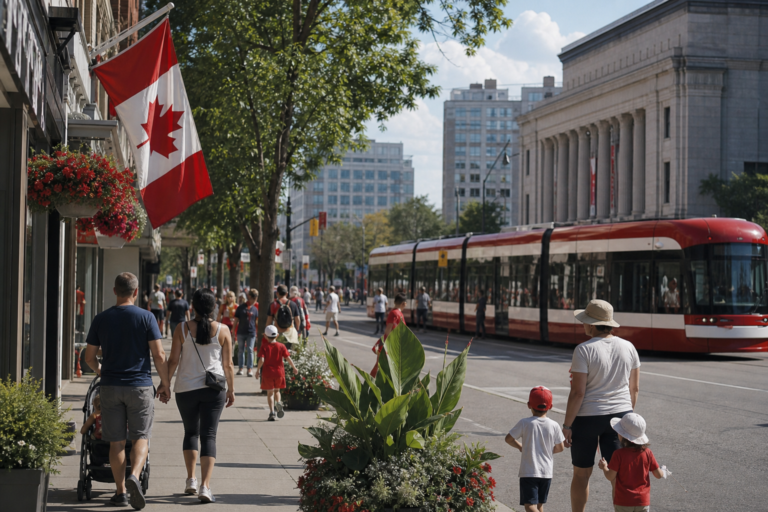 Canadian city street and public transit during the Labour Day long weekend