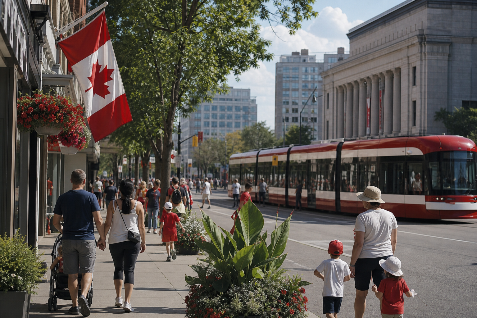 Canadian city street and public transit during the Labour Day long weekend