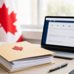 Canadian immigration application documents beside a laptop and Canadian flag