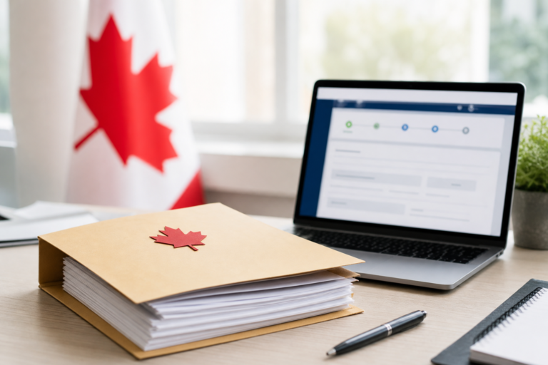Canadian immigration application documents beside a laptop and Canadian flag