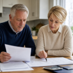 Couple reviewing retirement benefit documents and planning their claiming age