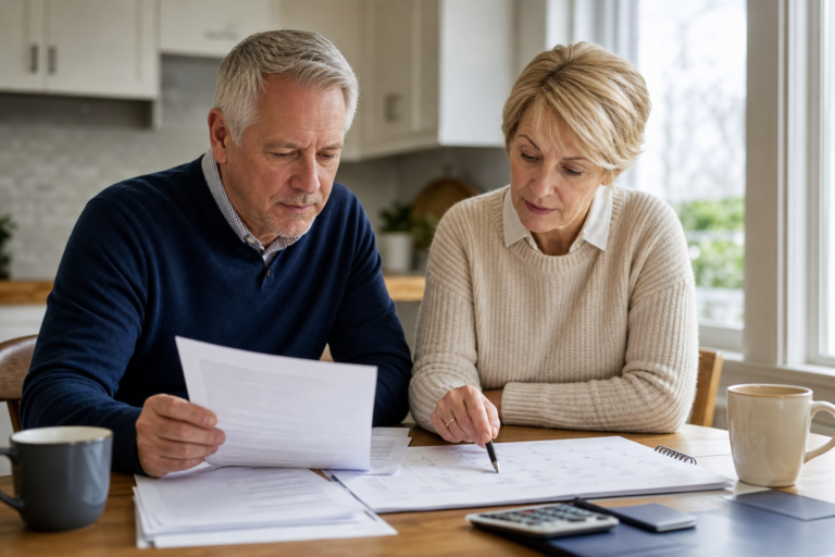 Couple reviewing retirement benefit documents and planning their claiming age