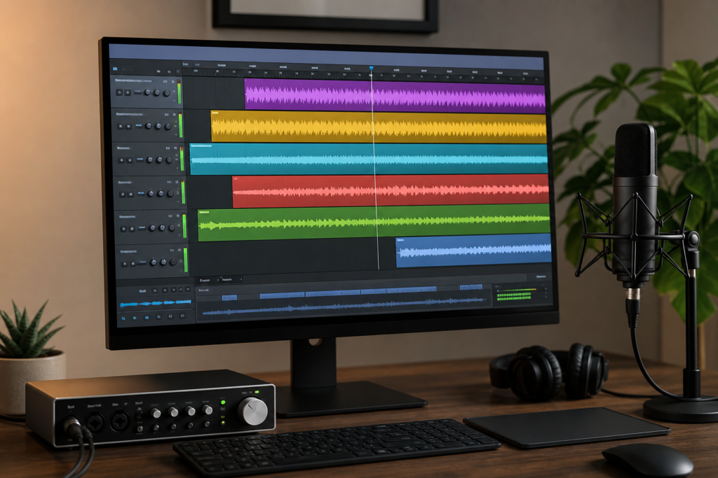 Multitrack audio editing timeline with waveform clips in a home studio