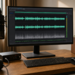 Desktop audio editing setup with waveform editor, microphone, and headphones