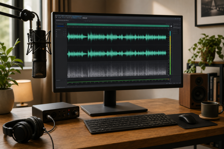 Desktop audio editing setup with waveform editor, microphone, and headphones