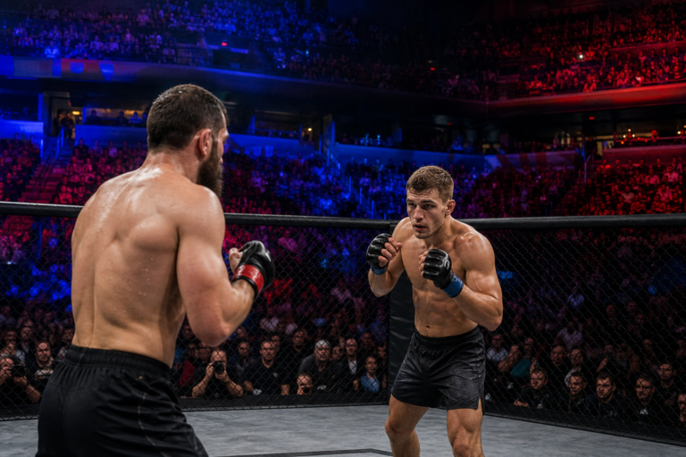 MMA fighters facing off in an octagon inside a packed arena