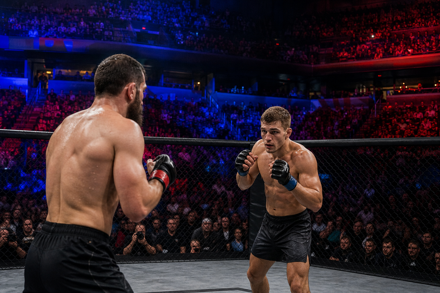 MMA fighters facing off in an octagon inside a packed arena