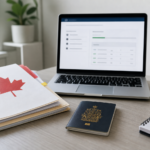 Passport and immigration application documents beside a laptop for Canadian visa processing