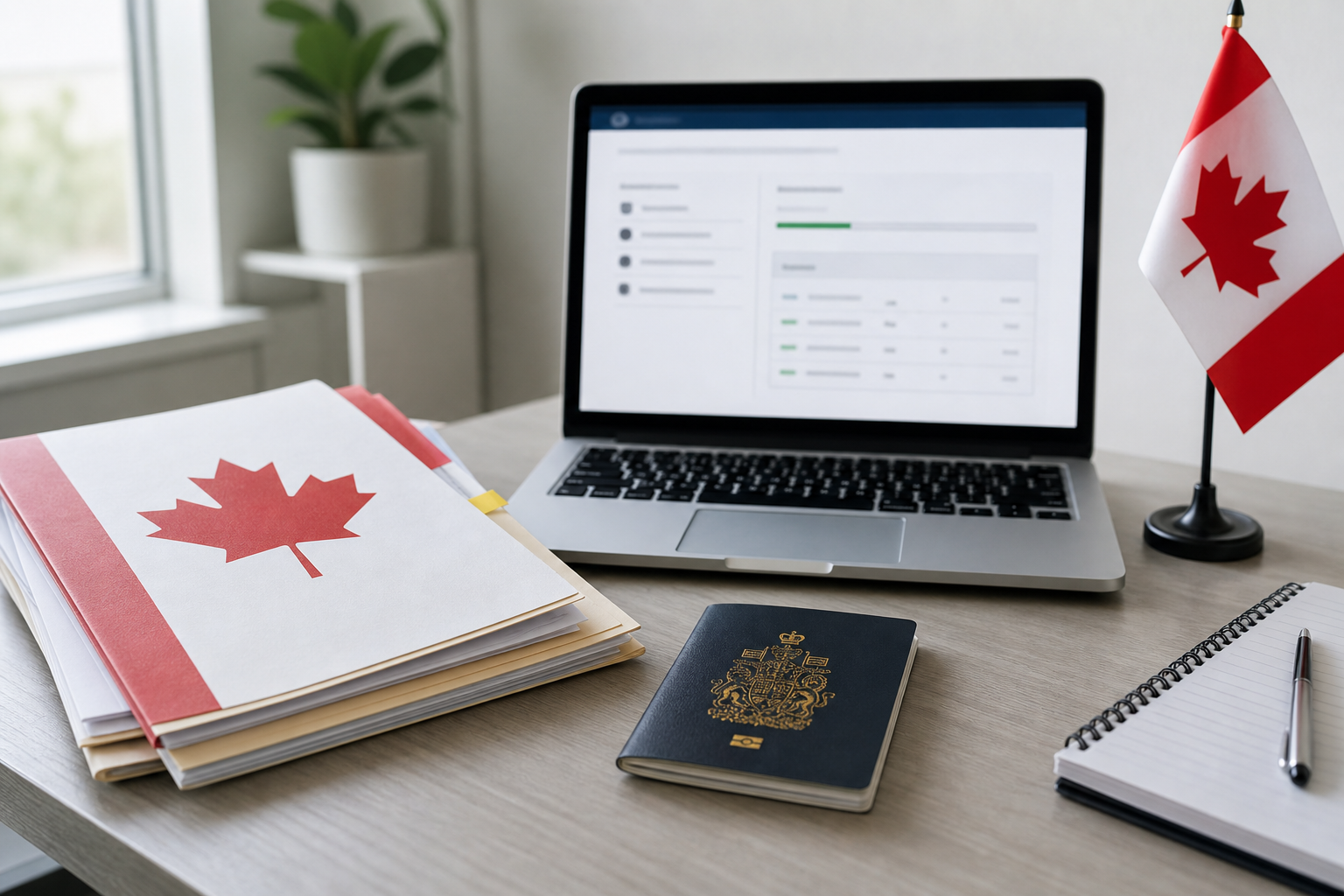 Passport and immigration application documents beside a laptop for Canadian visa processing