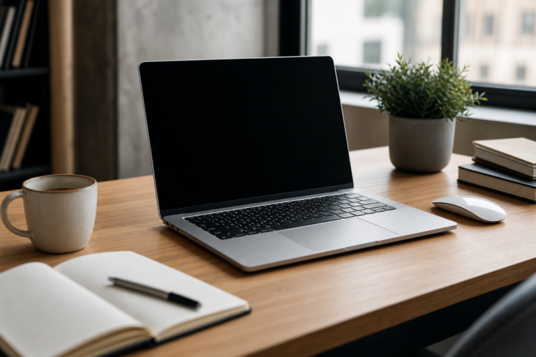 Modern laptop on a desk set up for work, school, and everyday use