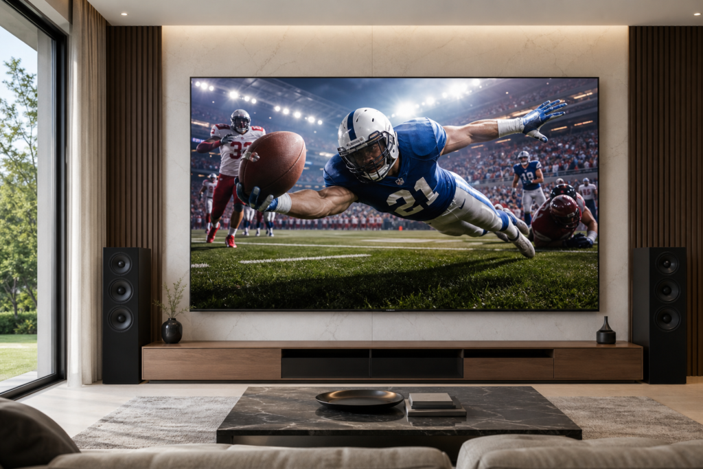 A 98-inch Mini LED TV showing a sports game in a bright living room