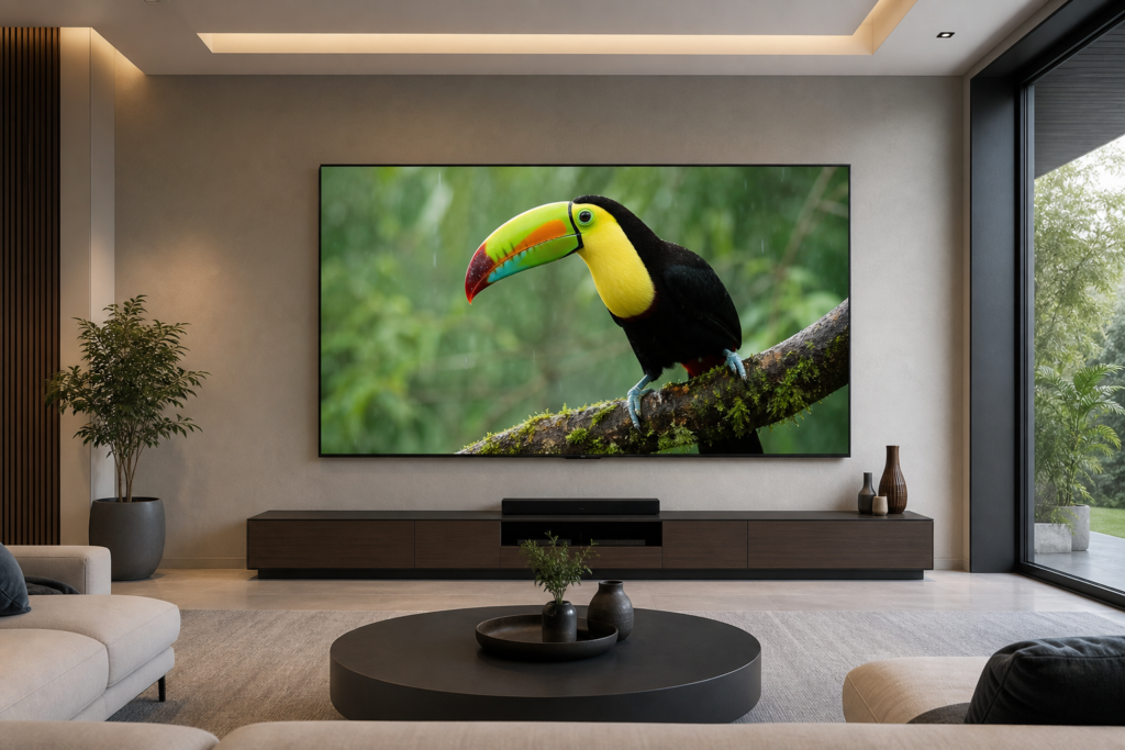 A 100-inch television mounted in a spacious modern living room
