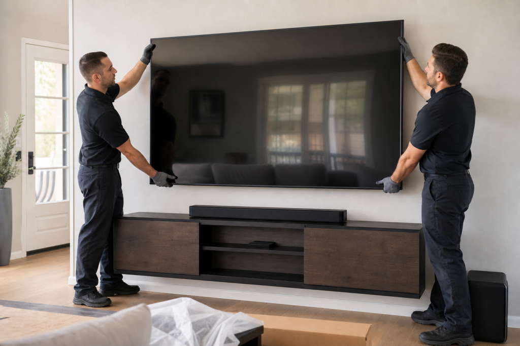Professional installers mounting an oversized television on a wall