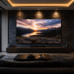 A large 100-inch television in a modern living room home theater