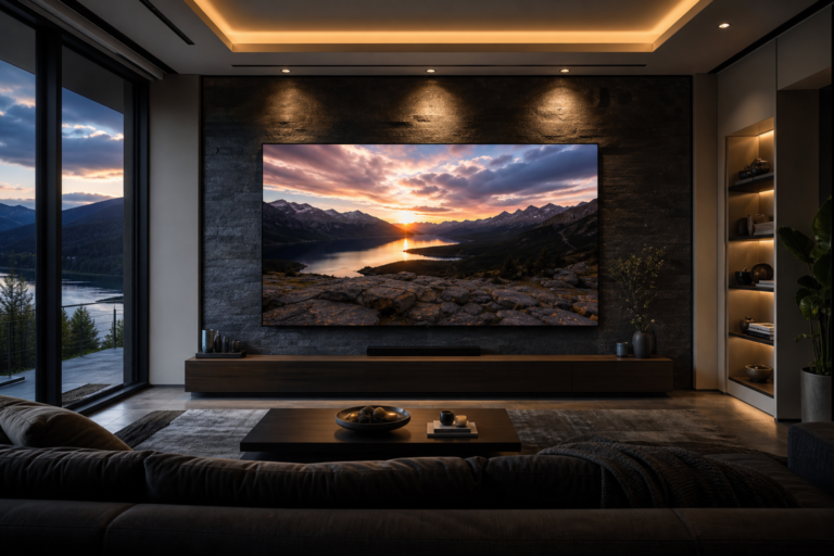 A large 100-inch television in a modern living room home theater