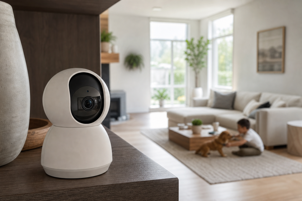 Pan-and-tilt indoor security camera on a living-room shelf