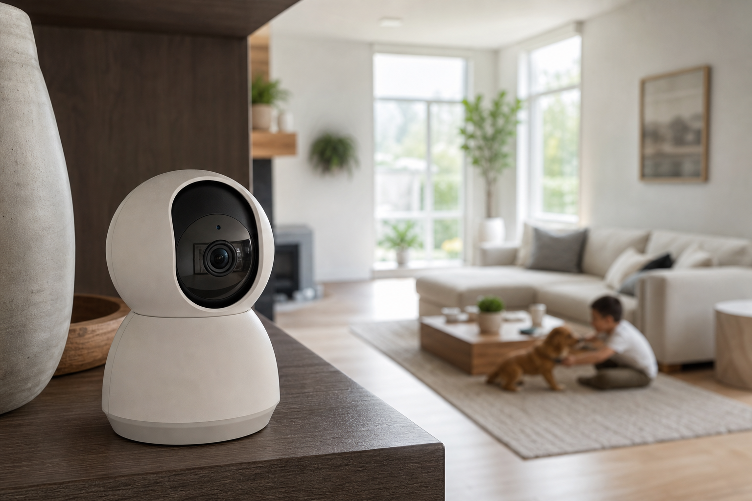 Pan-and-tilt indoor security camera on a living-room shelf