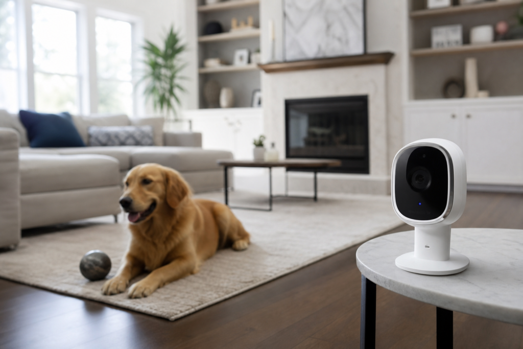 Indoor security camera monitoring a dog in a Canadian living room